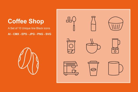 Coffee Shop Line Black Icon Set