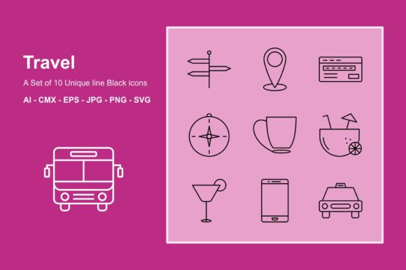 Travel Line Black Icon Set